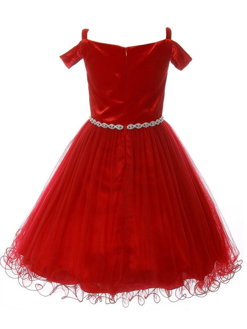 Little Girls Burgundy Rhinestone Velvet Off-Shoulder Christmas Dress 2-6 - SophiasStyle.com