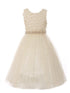 Little Girls Champagne Pearl 3D Floral Accents Tulle Flower Girl Dress 2-6 - SophiasStyle.com