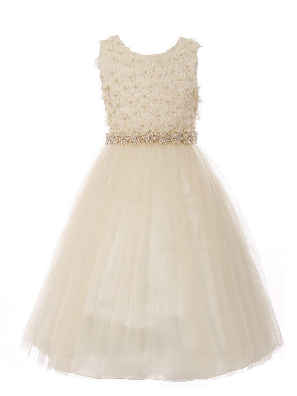 Little Girls Champagne Pearl 3D Floral Accents Tulle Flower Girl Dress 2-6 - SophiasStyle.com