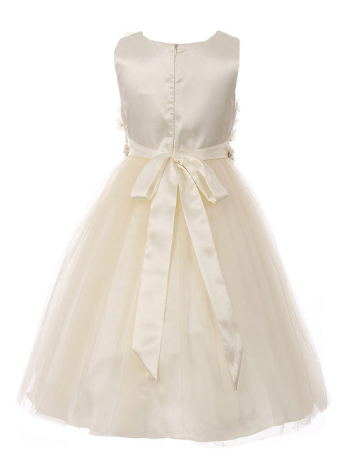 Big Girls Champagne Pearl 3D Floral Accents Tulle Junior Bridesmaid Dress 8-16 - SophiasStyle.com