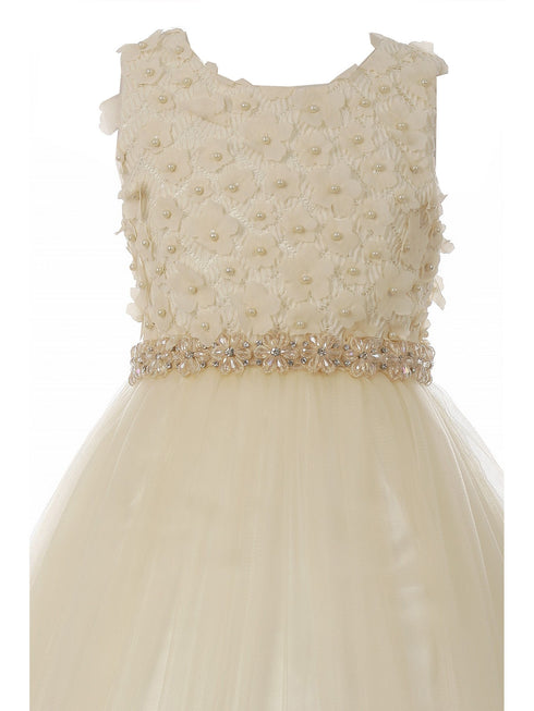 Big Girls Champagne Pearl 3D Floral Accents Tulle Junior Bridesmaid Dress 8-16 - SophiasStyle.com