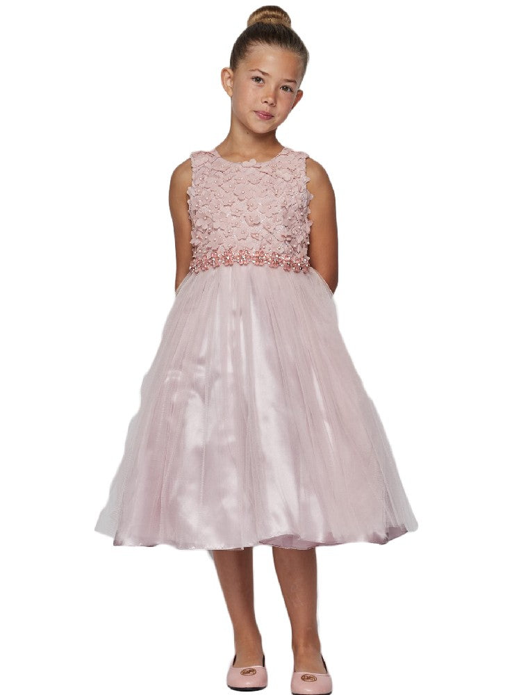 Little Girls Dusty Pink Pearl 3D Floral Accents Tulle Flower Girl Dress 2