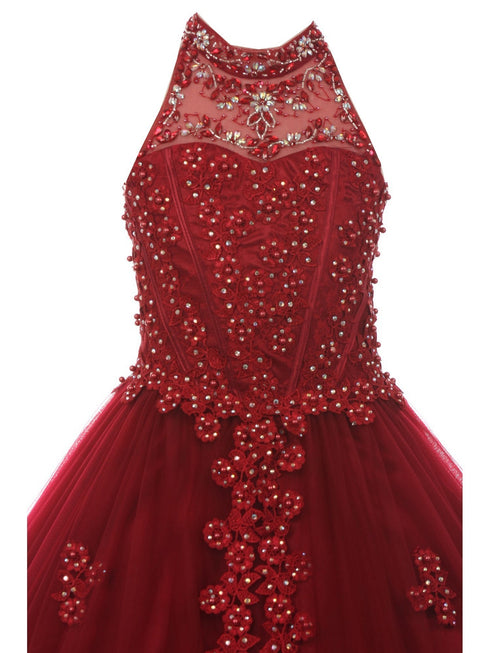 Big Girls Burgundy Dazzling Rhinestone Pearls Halter Neck Pageant Dress 8-16 - SophiasStyle.com