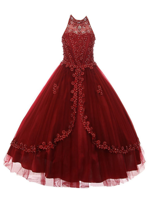 Little Girls Burgundy Dazzling Rhinestone Pearls Halter Neck Pageant Dress 2-6 - SophiasStyle.com