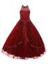 Big Girls Burgundy Dazzling Rhinestone Pearls Halter Neck Pageant Dress 8-16 - SophiasStyle.com