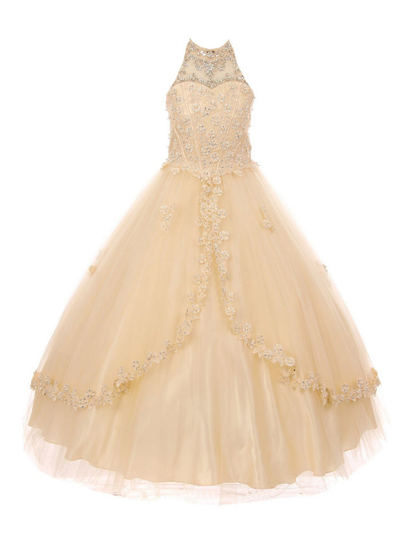 Big Girls Champagne Dazzling Rhinestone Pearls Halter Neck Pageant Dress 8-16 - SophiasStyle.com