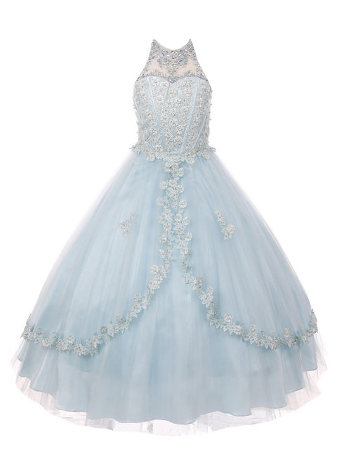 Little Girls Blue Dazzling Rhinestone Pearls Halter Neck Pageant Dress 2-6 - SophiasStyle.com