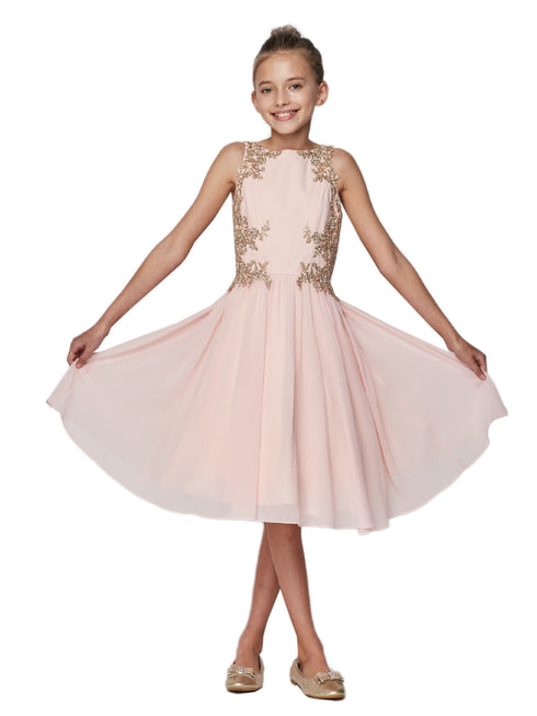 Cinderella Couture Big Girls Blush Chiffon Lace Junior Bridesmaid Dress 12-16 - SophiasStyle.com