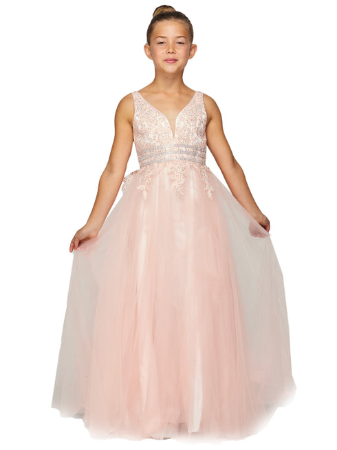 Girls Champagne Dazzling Rhinestone Lace Soft Tulle Pageant Dress 2-16 - SophiasStyle.com
