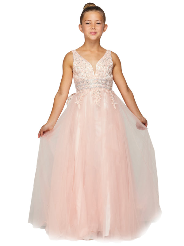 Girls Champagne Dazzling Rhinestone Lace Soft Tulle Pageant Dress 2-16 - SophiasStyle.com