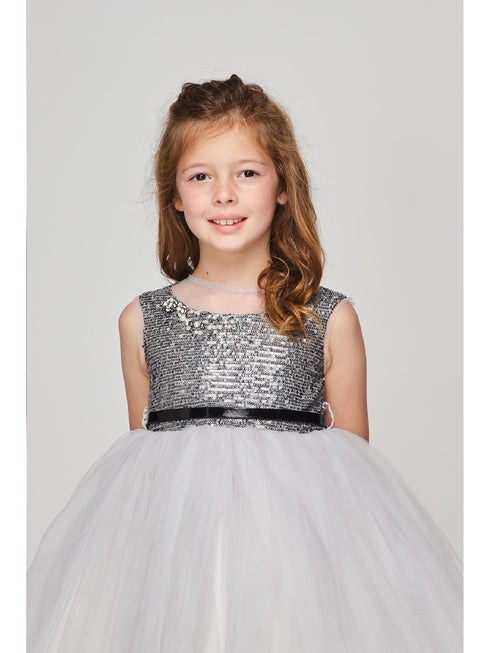Little Girls Silver Sequin Tulle Belt High Low Christmas Dress 2-6 - SophiasStyle.com