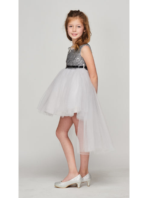 Little Girls Silver Sequin Tulle Belt High Low Christmas Dress 2-6 - SophiasStyle.com
