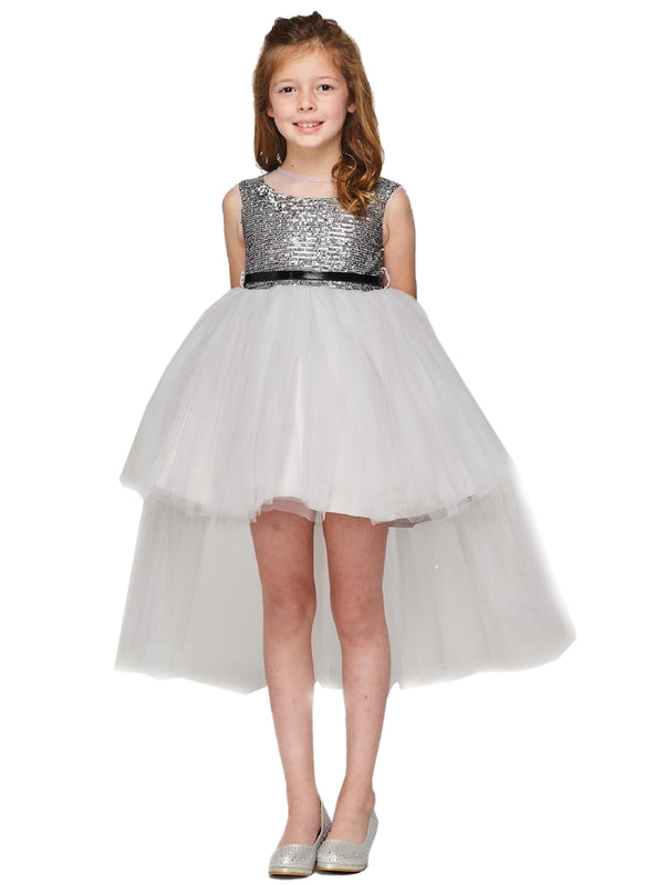 Little Girls Silver Sequin Tulle Belt High Low Christmas Dress 2-6 - SophiasStyle.com