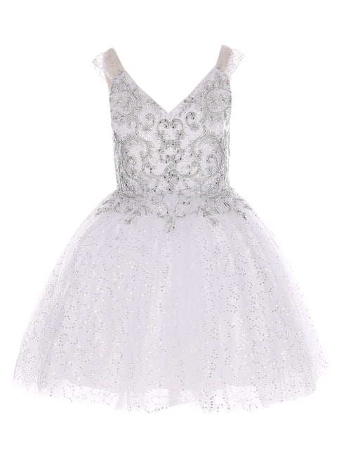Little Girls White V Neck Beaded Tulle Short Flower Girl Dress 4-6 - SophiasStyle.com