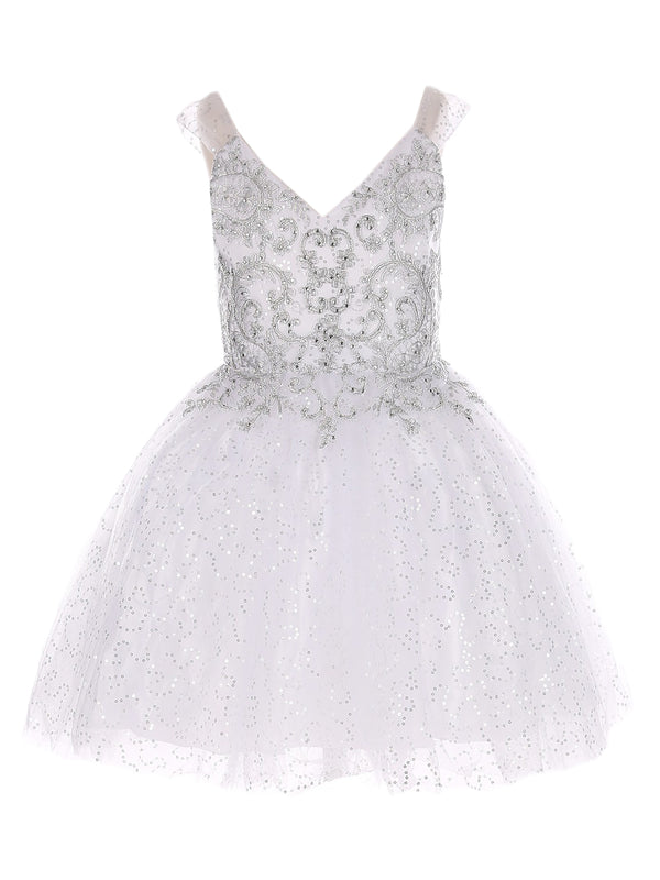 Little Girls White V Neck Beaded Tulle Short Flower Girl Dress 4-6 - SophiasStyle.com