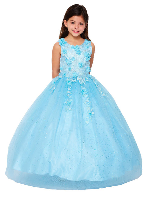 Little Girls Blue 3D Flower Rhinestone Tulle Flower Girl Dress 2-6 - SophiasStyle.com