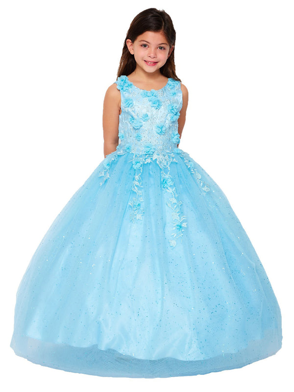 Big Girls Blue 3D Flower Rhinestone Tulle Junior Bridesmaid Dress 8-16 - SophiasStyle.com