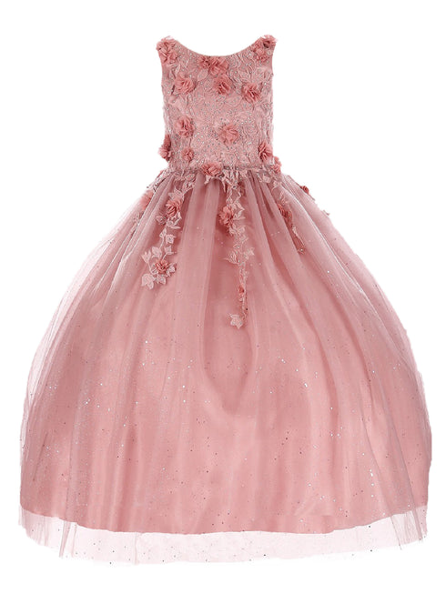 Big Girls Dusty Rose 3D Flower Rhinestone Tulle Junior Bridesmaid Dress 8-16 - SophiasStyle.com