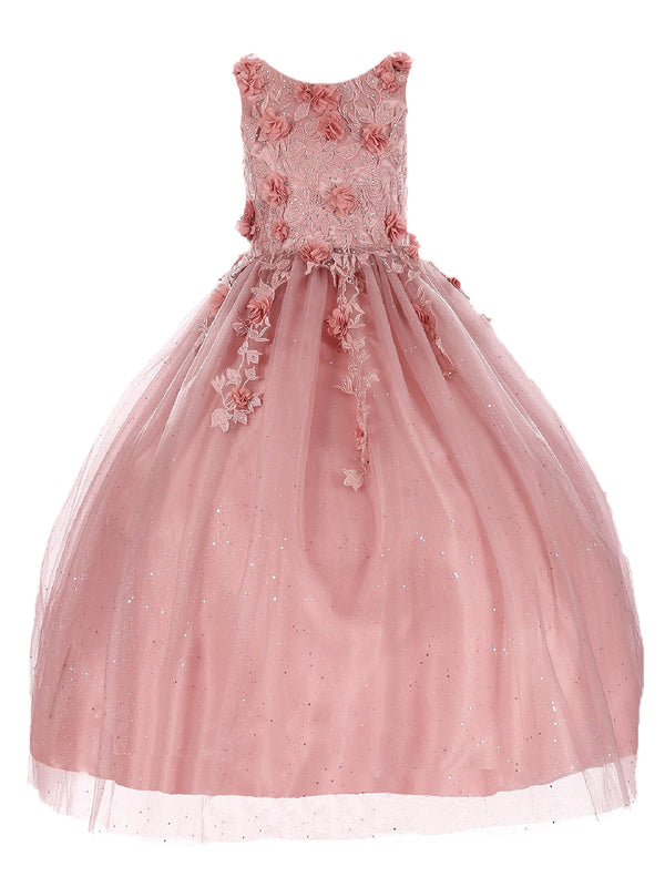 Big Girls Dusty Rose 3D Flower Rhinestone Tulle Junior Bridesmaid Dress 8-16 - SophiasStyle.com