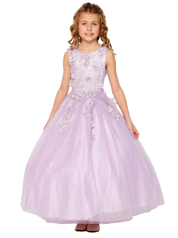 Big Girls Lilac 3D Flower Rhinestone Tulle Junior Bridesmaid Dress 8-16 - SophiasStyle.com
