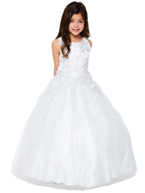 Big Girls White 3D Flower Rhinestone Tulle Junior Bridesmaid Dress 8-16 - SophiasStyle.com