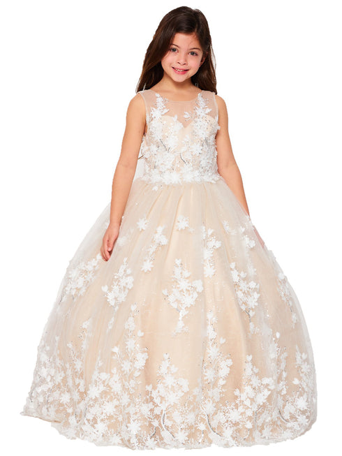 Little Girls Champagne 3D Floral Applique Lace Sequin Flower Girl Dress 2-6 - SophiasStyle.com