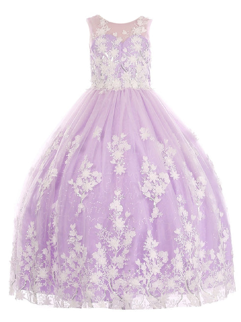 Big Girls Lilac 3D Floral Applique Lace Sequin Junior Bridesmaid Dress 8-16 - SophiasStyle.com