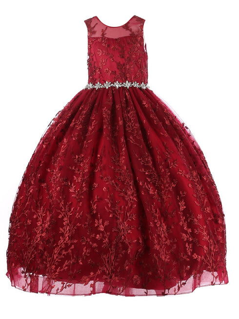 Big Girls Burgundy Glitter Embroidered Rhinestone Belt Ball Gown 8-16 - SophiasStyle.com