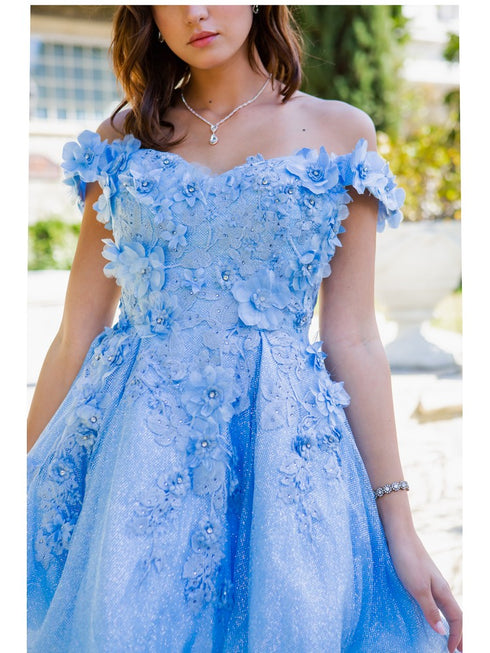 Blue 3D Floral Applique Corset Off Shoulder Short Dress for Women, Sizes XS-3XL - SophiasStyle.com