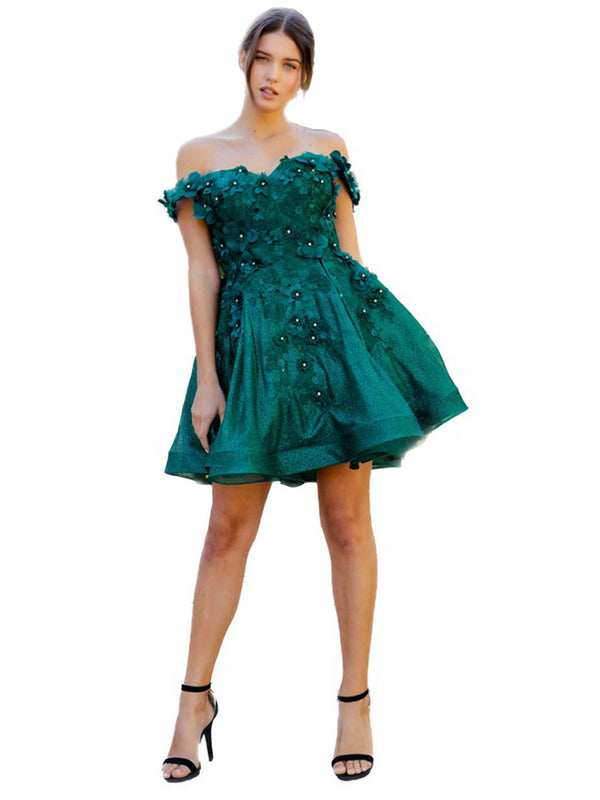 Hunter Green 3D Floral Applique Corset Off Shoulder Short Dress for Women, Sizes XS-3XL - SophiasStyle.com