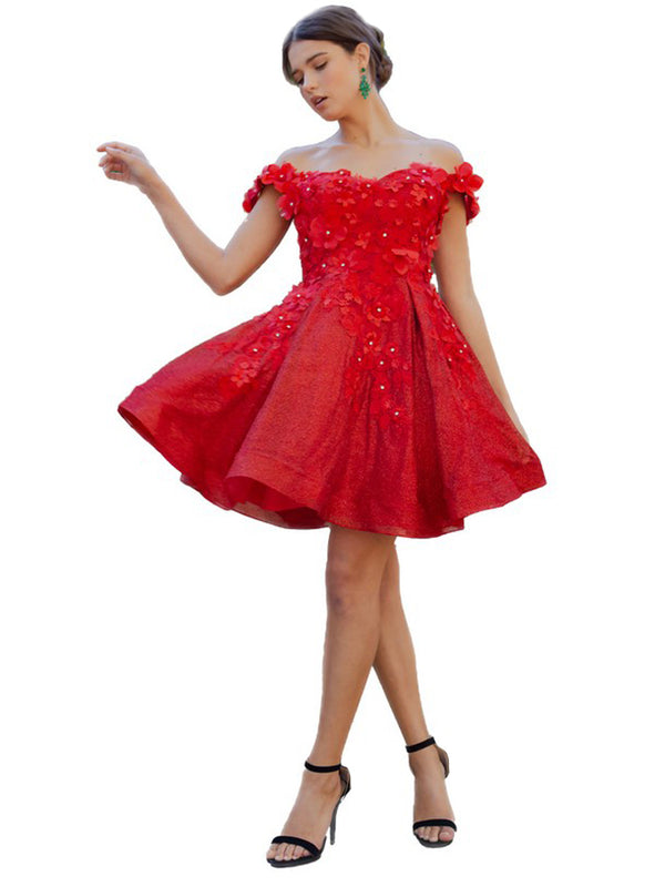 Red 3D Floral Applique Corset Off Shoulder Short Dress for Women, Sizes XS-3XL - SophiasStyle.com
