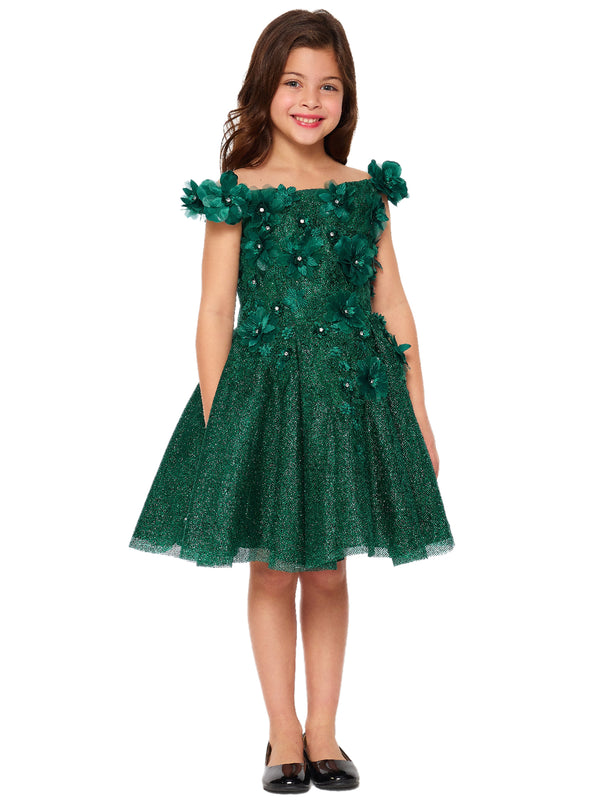 Bliss Little Girls Hunter Green 3D Floral Applique Flower Girl Dress 2-6 - SophiasStyle.com