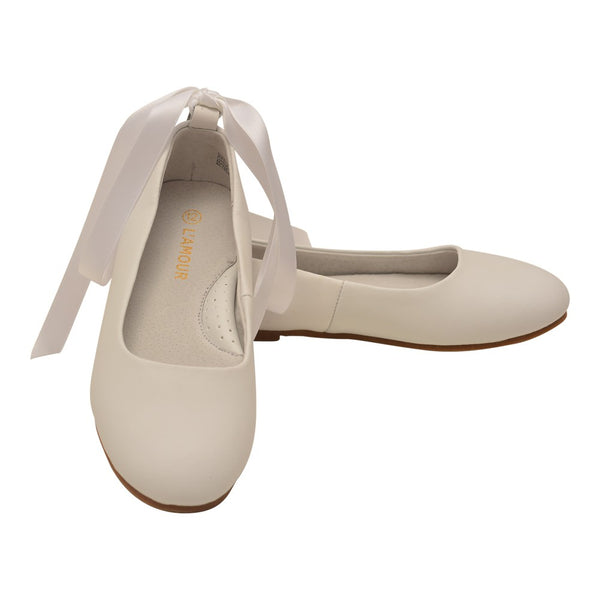 L'Amour Little Girls White Leather Removable Satin Strap Flats 7-10 Toddler - SophiasStyle.com