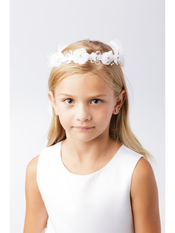 Girls White Crystal Flower Embellished Special Occasion Stylish Headpiece - SophiasStyle.com