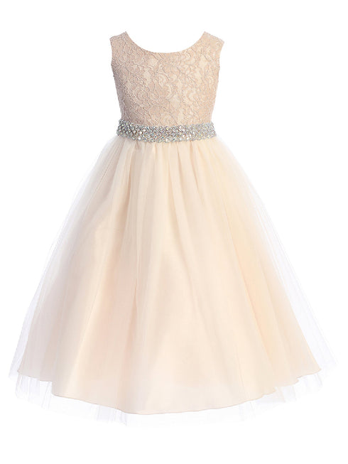 Big Girls Blush Lace Wide Rhinestone Trim Tea Length Junior Bridesmaid Dress 8-14 - SophiasStyle.com