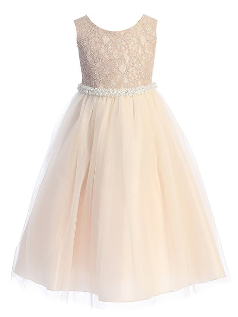 Girls Multi Color Lace Illusion Wide Pearl Trim Junior Bridesmaid Dress 2T-14 - SophiasStyle.com