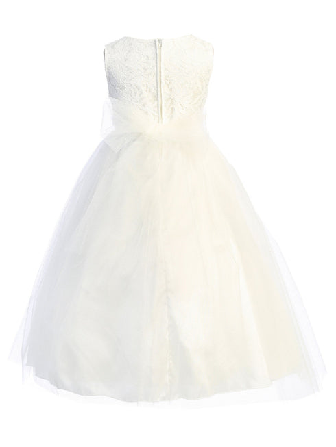 Little Girls Ivory Lace Wide Rhinestone Trim Tea Length Flower Girl Dress 2T-6 - SophiasStyle.com