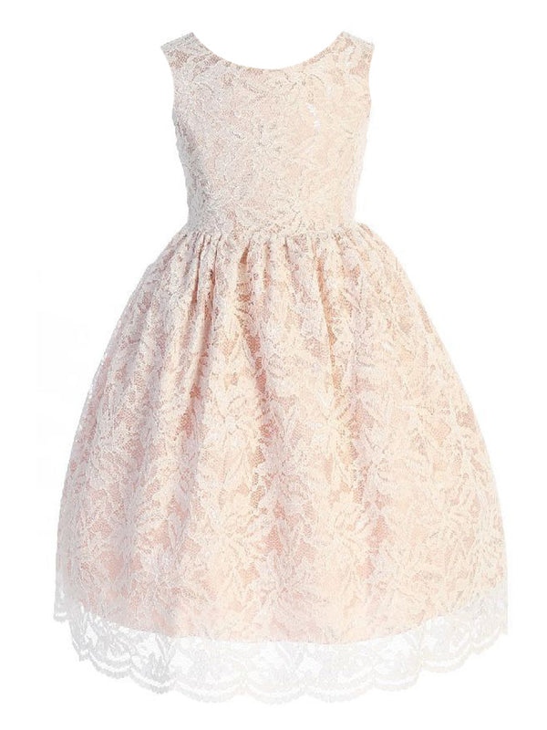 Kids Dream Big Girls Blush Lace V Back Junior Bridesmaid Dress 8-14 - SophiasStyle.com