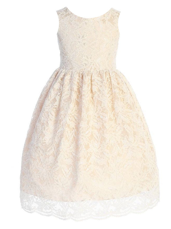 Kids Dream Big Girls Champagne Lace V Back Junior Bridesmaid Dress 8-14 - SophiasStyle.com