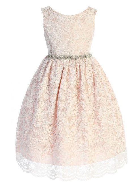 Kids Dream Big Girls Blush Lace Rhinestone Braided Belt Junior Bridesmaid Dress 8-14 - SophiasStyle.com