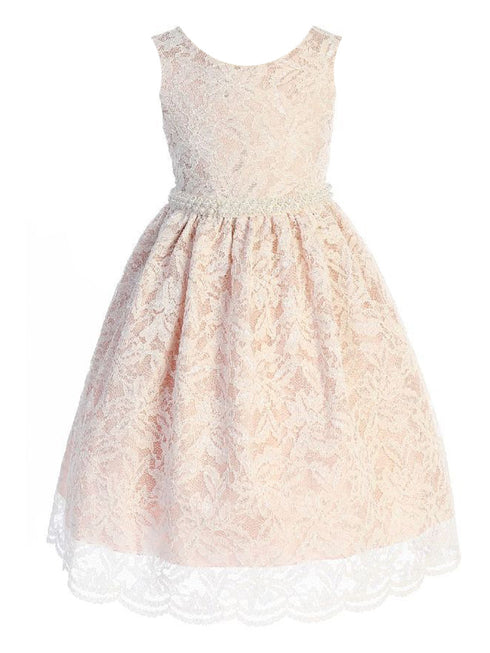 Big Girls Blush Lace Thick Pearl Trim V Back Junior Bridesmaid Dress 8-14 - SophiasStyle.com