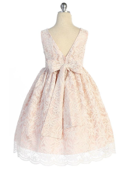 Big Girls Blush Lace Thick Pearl Trim V Back Junior Bridesmaid Dress 8-14 - SophiasStyle.com