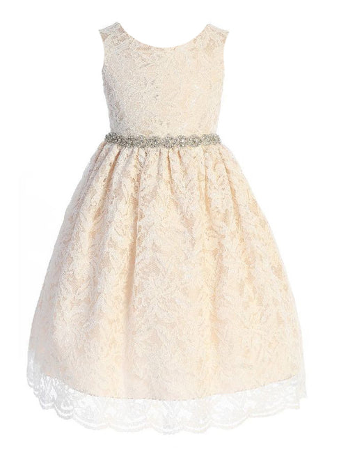 Kids Dream Big Girls Champagne Lace Rhinestone Braided Belt Junior Bridesmaid Dress 8-14 - SophiasStyle.com