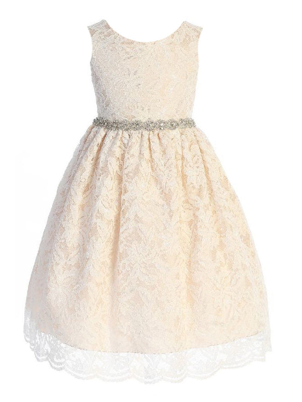 Kids Dream Big Girls Champagne Lace Rhinestone Braided Belt Junior Bridesmaid Dress 8-14 - SophiasStyle.com