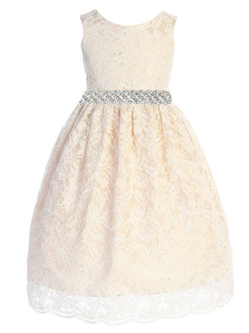 Kids Dream Big Girls Champagne Lace Thick Rhinestone Trim Junior Bridesmaid Dress 8-14 - SophiasStyle.com