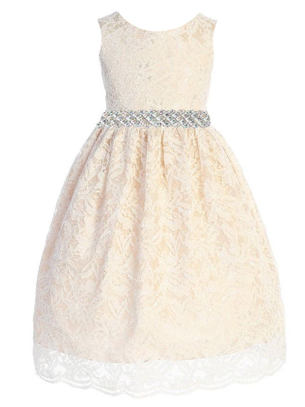 Kids Dream Big Girls Champagne Lace Thick Rhinestone Trim Junior Bridesmaid Dress 8-14 - SophiasStyle.com