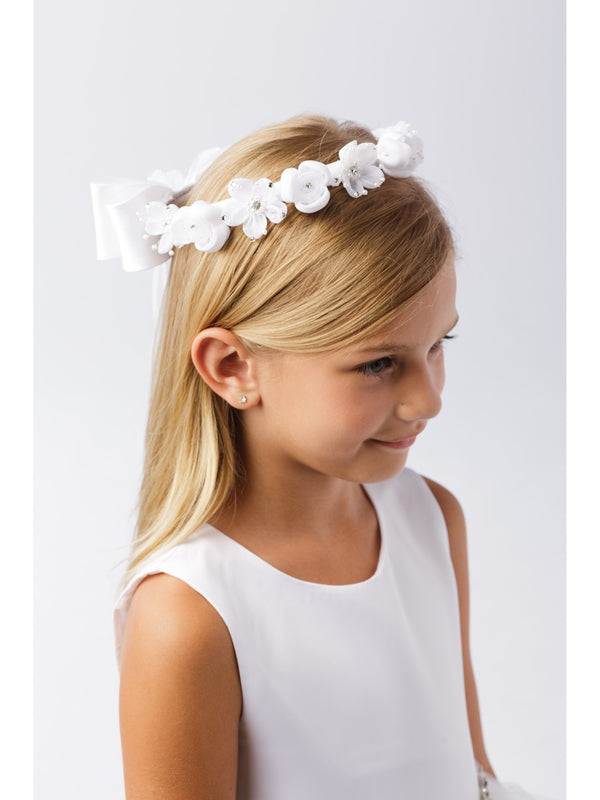Girls Ivory Flower Embellished Ribbon Back Special Occasion Stylish Crown - SophiasStyle.com