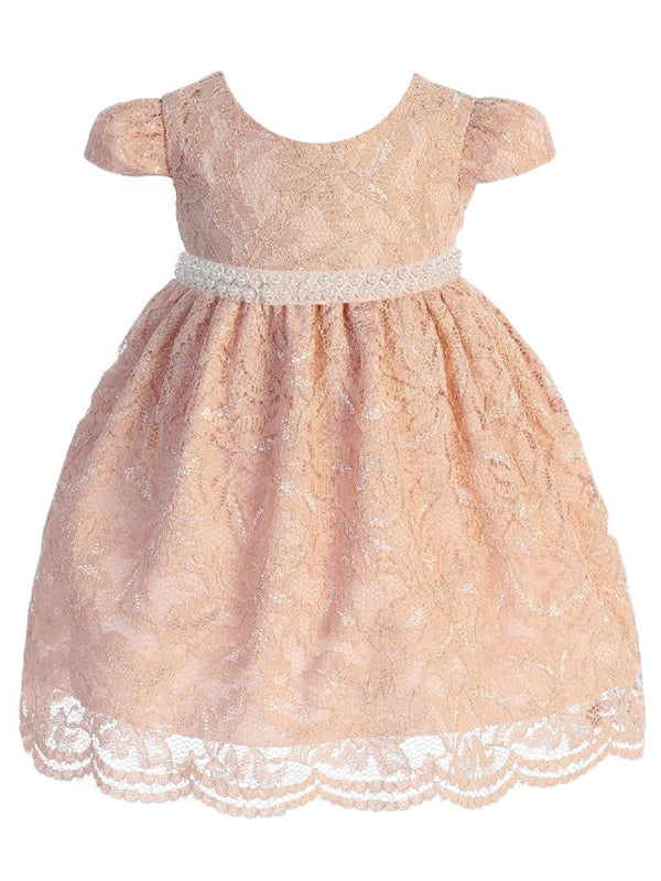 Kids Dream Baby Girls Blush Lace Thick Pearl Trim Flower Girl Dress 3-24 Months - SophiasStyle.com