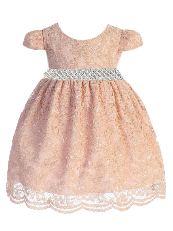 Baby Girls Blush Lace Thick Rhinestone Trim Flower Girl Dress 3-24 Months - SophiasStyle.com