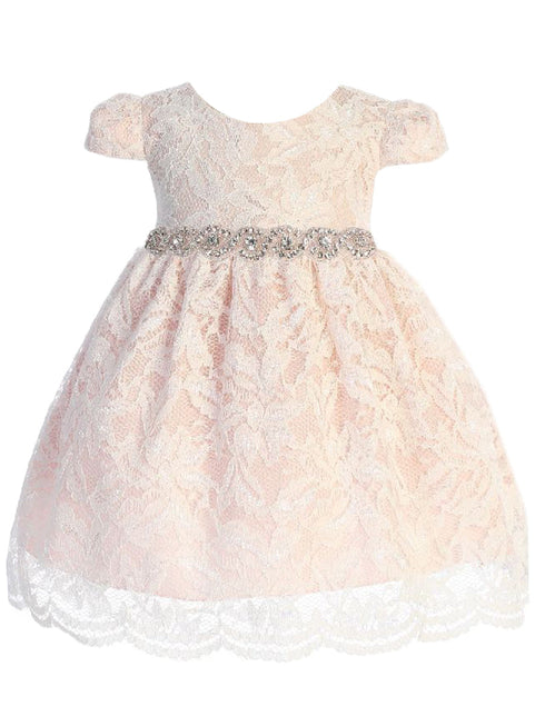Baby Girls Ivory Blush Lace Rhinestone Trim Flower Girl Dress 3-24 Months - SophiasStyle.com